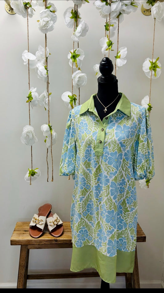 green and blue floral dress