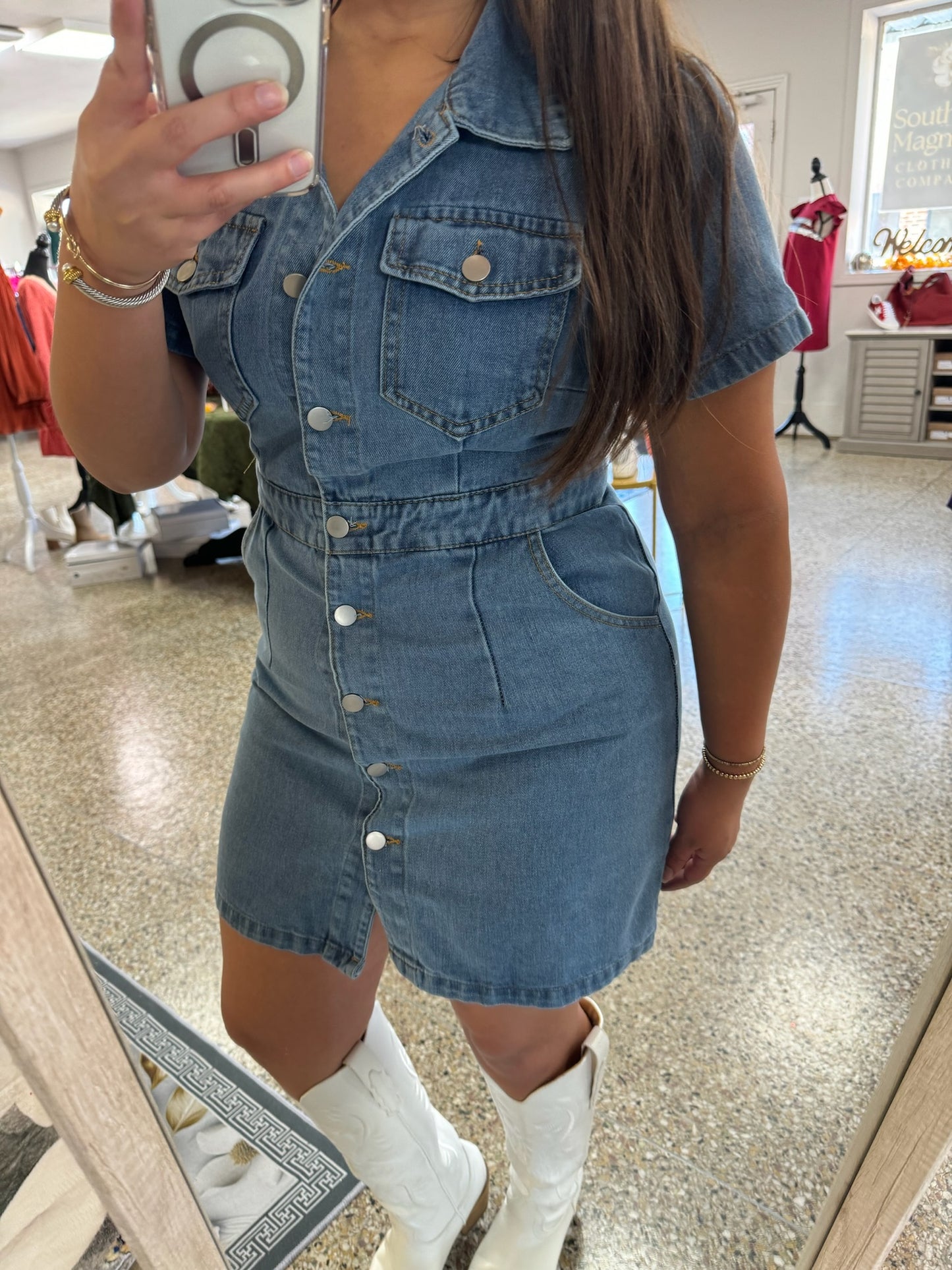 Denim Flap Pocket Button Down Dress