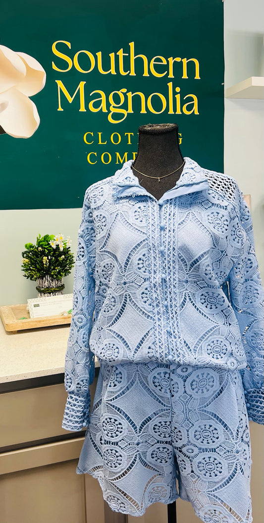 Cut Out Lace Boho Shirt Shorts Set