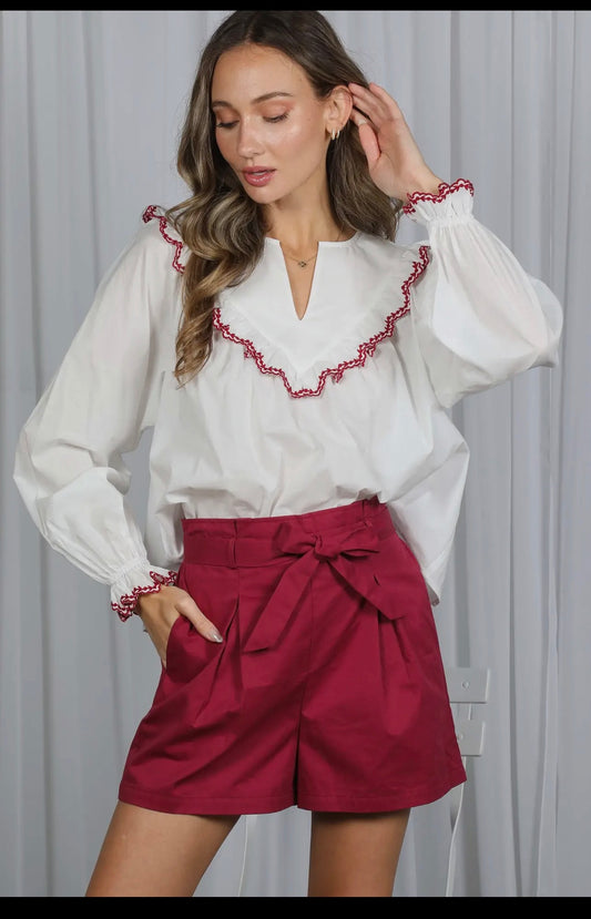 White Ruffle Long Sleeve With Red Trim
