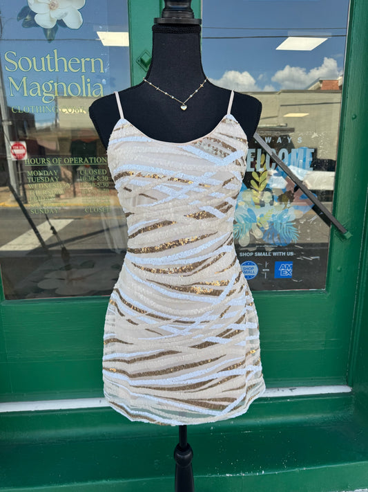 Dynamic Swirl Sequin Mini Shift Dress