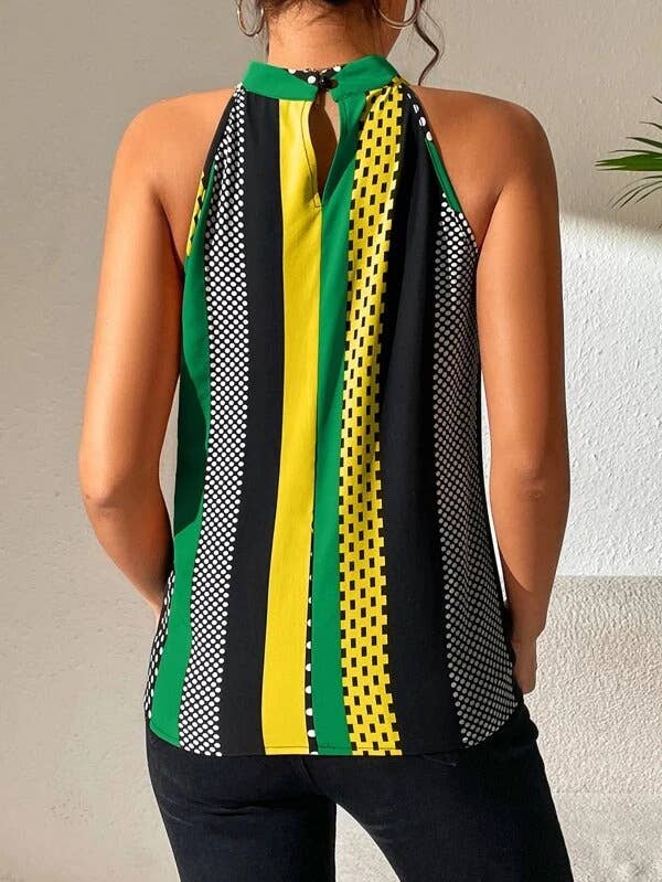 Halter Neck Mixed Print Sleeveless Blouse