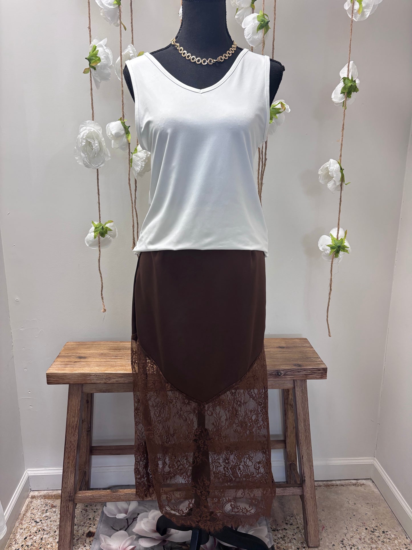 brown satin lace maxi skirt