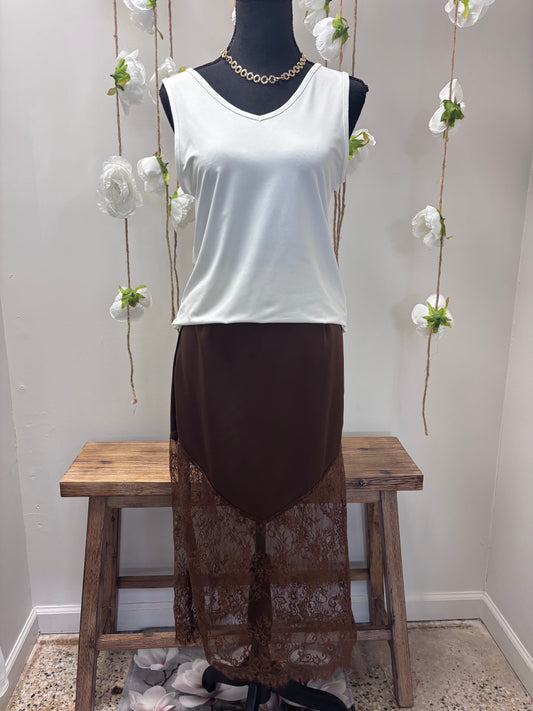 brown satin lace maxi skirt