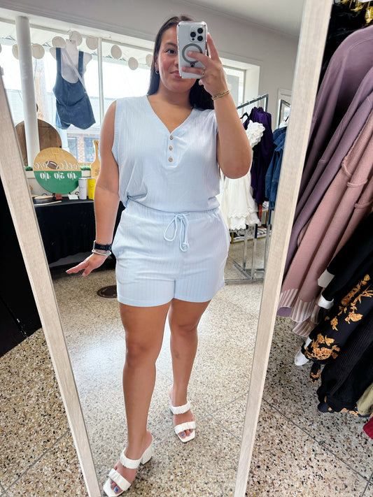 Light Blue Ribbed Button V-Neck Cropped Tank Top-Short Set