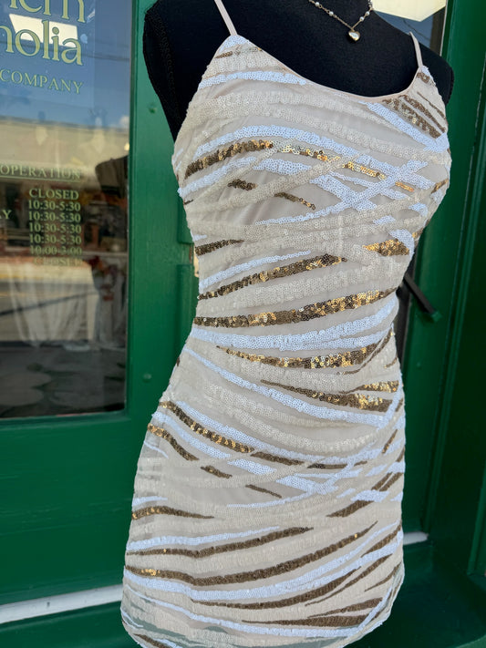 Dynamic Swirl Sequin Mini Shift Dress