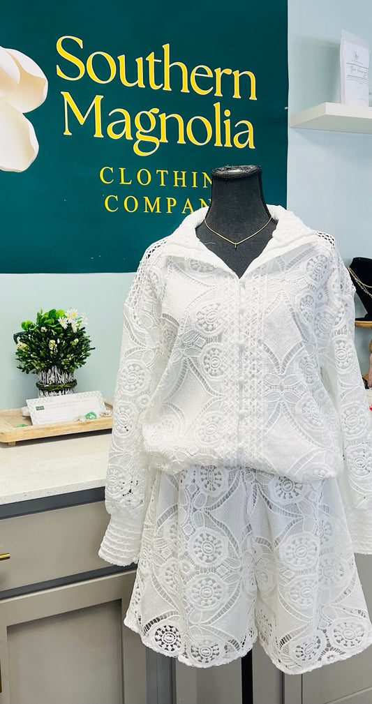 Cut Out Lace Boho Shirt Shorts Set