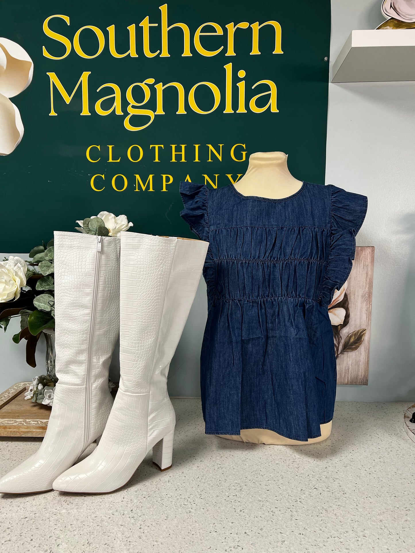 ruffle denim smocked blouse