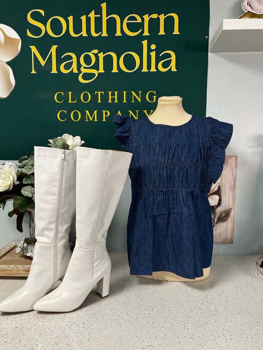 ruffle denim smocked blouse
