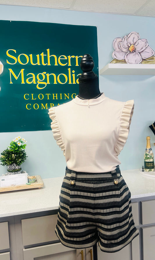 Striped Textured Knit Shorts With Gold Buttons