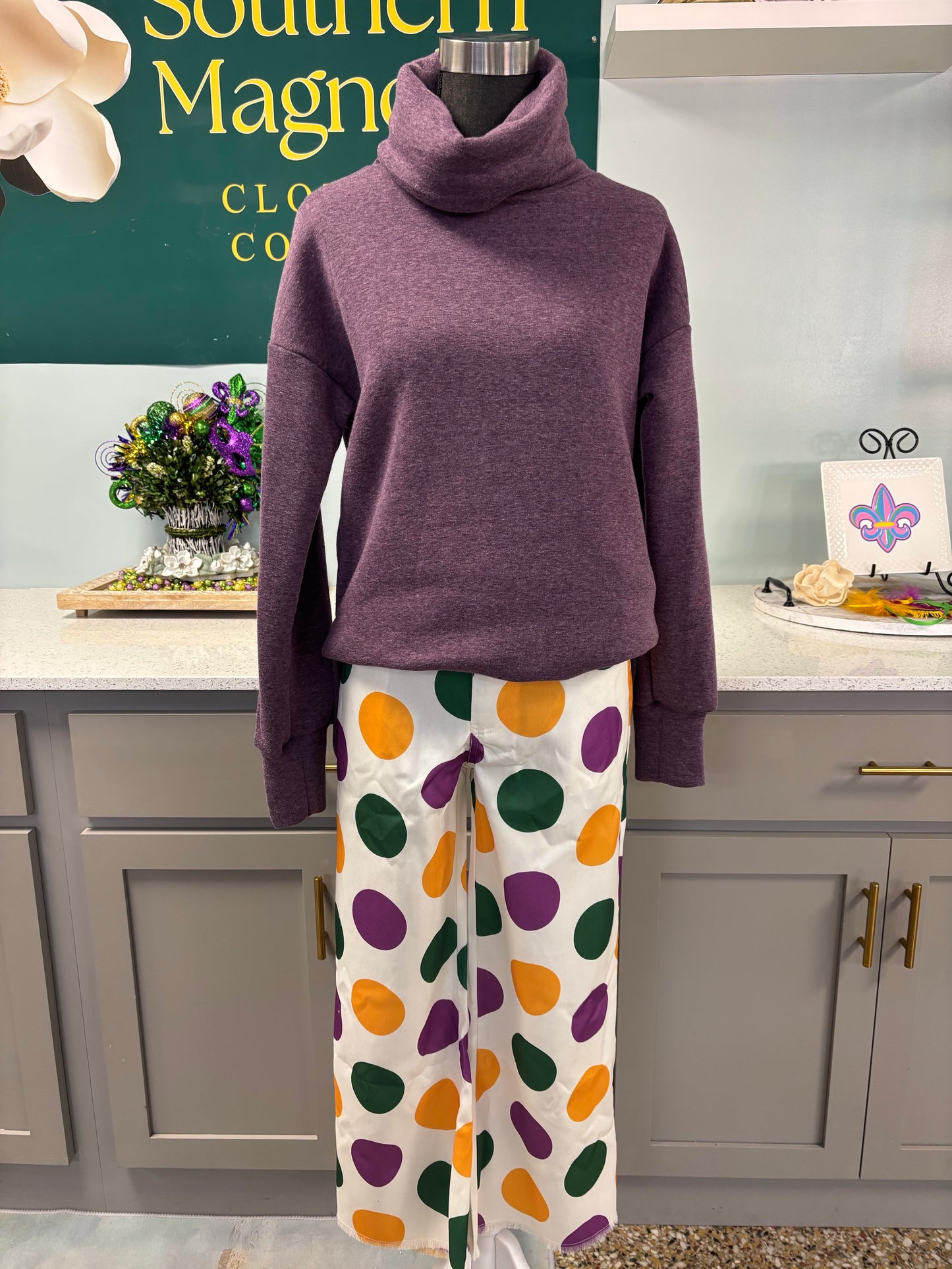 white polka dot mardi gras pants