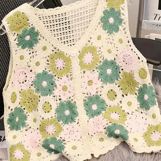 Green Floral Crochet Vest