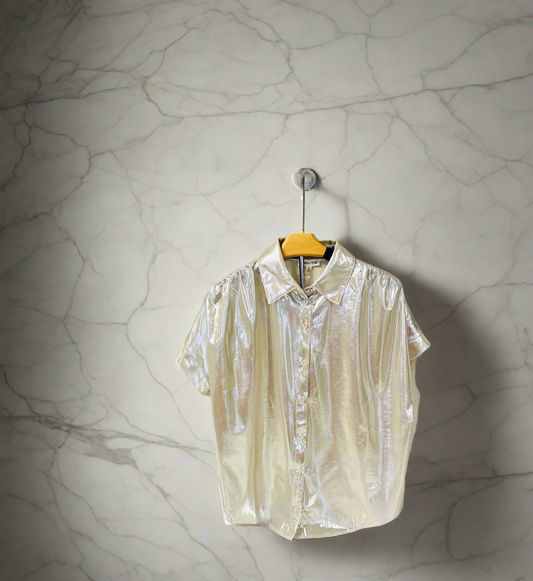 Metallic Drop Shoulder Button Up Collar Top
