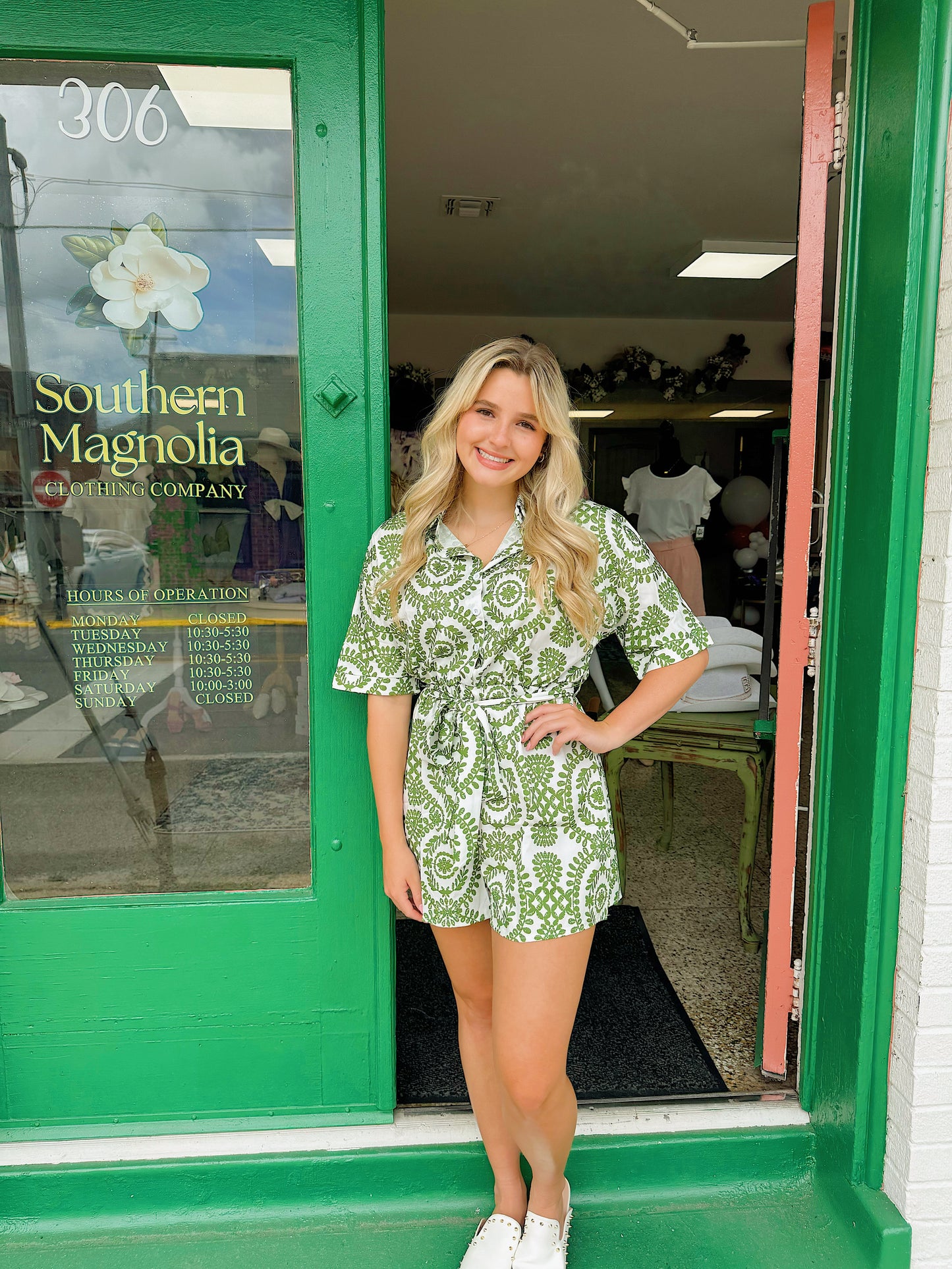Cream & Green Printed Romper