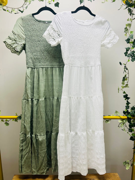 Smocked Midi Dress with lace puff sleeves