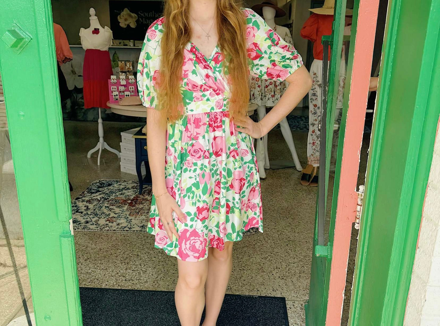 V Neck Short Bubble Sleve Mini Dress