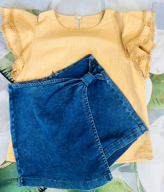 Acid Wash Asymmetric Twisted Wrapped Denim Skort