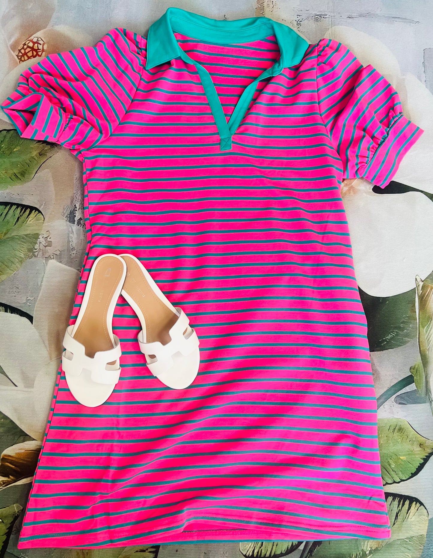 Stripe Collared V Neck Puff Sleeve T-shirt Dress