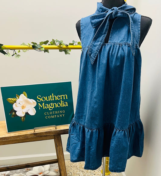 Sleeveless Lace-Up Bow Denim Dress