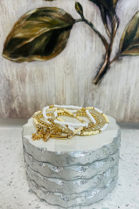 Set of 5 Gold Beaded Crystal Charm Bracelet