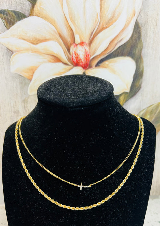 Gold Braided Chain w/ Rhinestone Cross