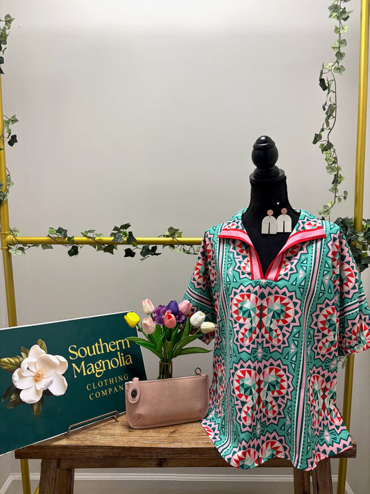 Geometric Butterfly Print Collared Blouse