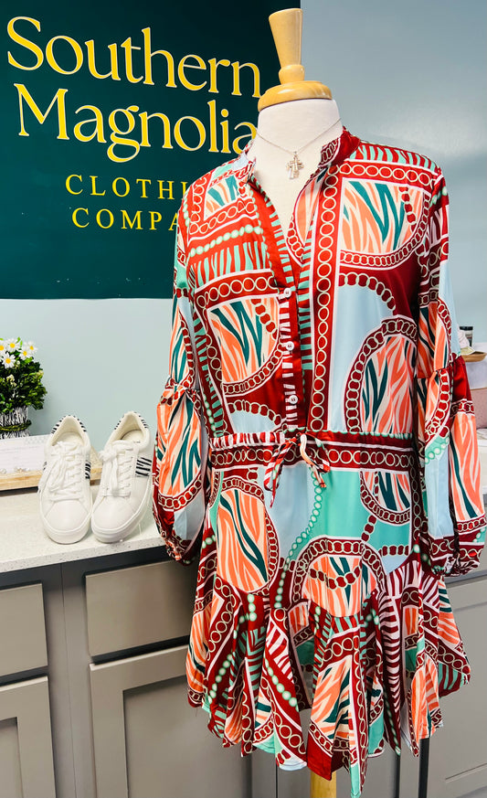 Adobe Print Adjustable Balloon Sleeve Dress