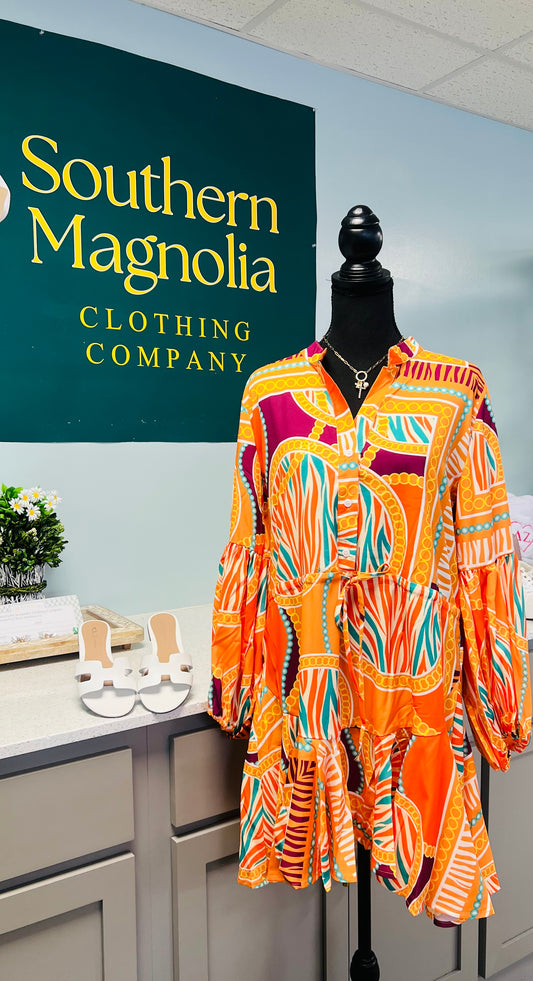 Orange Adjustable Balloon Sleeve Dress