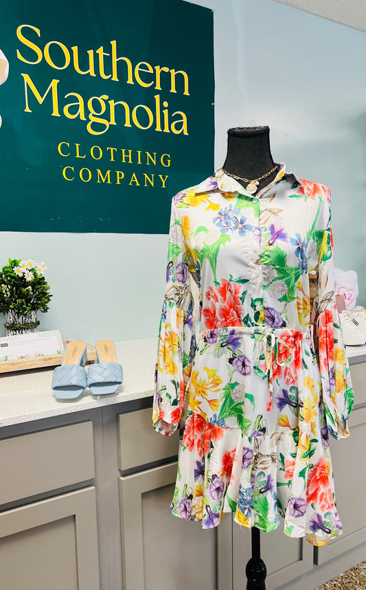 Floral Print Adjustable Balloon Sleeve Dress