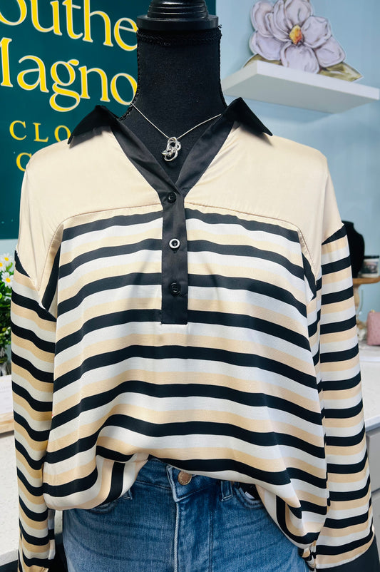 Stripe Satin Half Button Placket Blouse