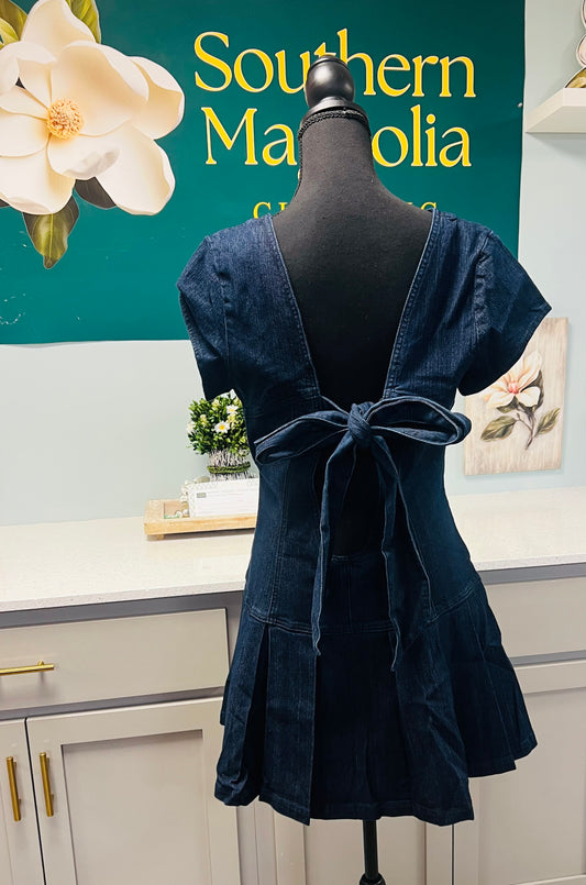 Denim Open Back Ribbon Mini Dress