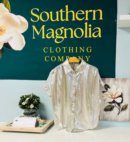 Metallic Drop Shoulder Button Up Collar Top