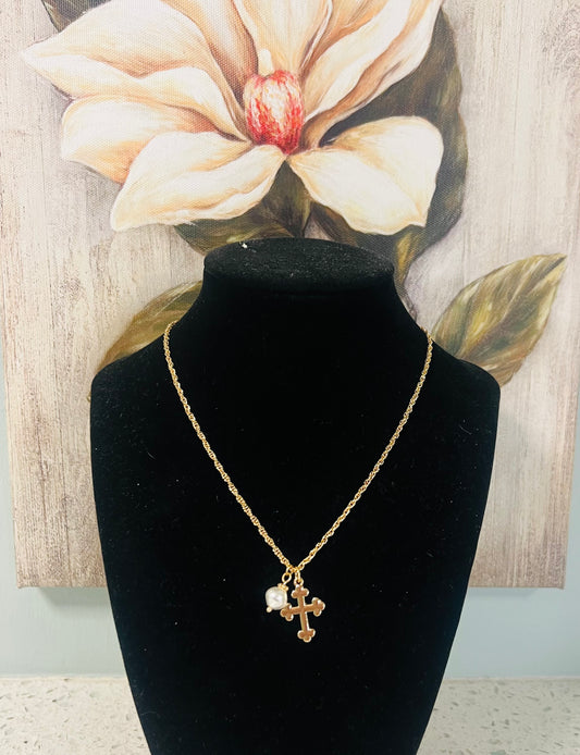 Gold Cross and Pearl Pendant Necklace "18 + 3"