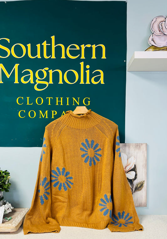 Brown Long Sleeve Sweater With Blue Flowers