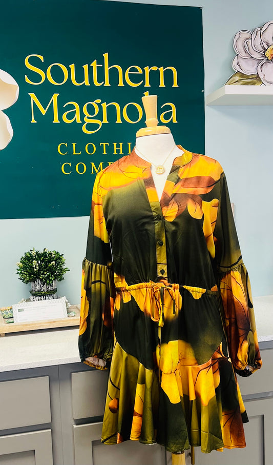 Olive Bloom Print Balloon Sleeve Dress