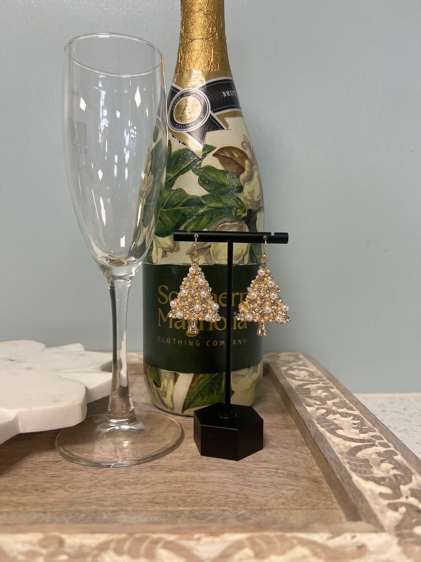 Gold Christmas Tree With Pearls 1.75" Earring