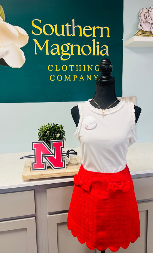 Red Bow Trimmed Scallop Edge Detail Tweed Skirt