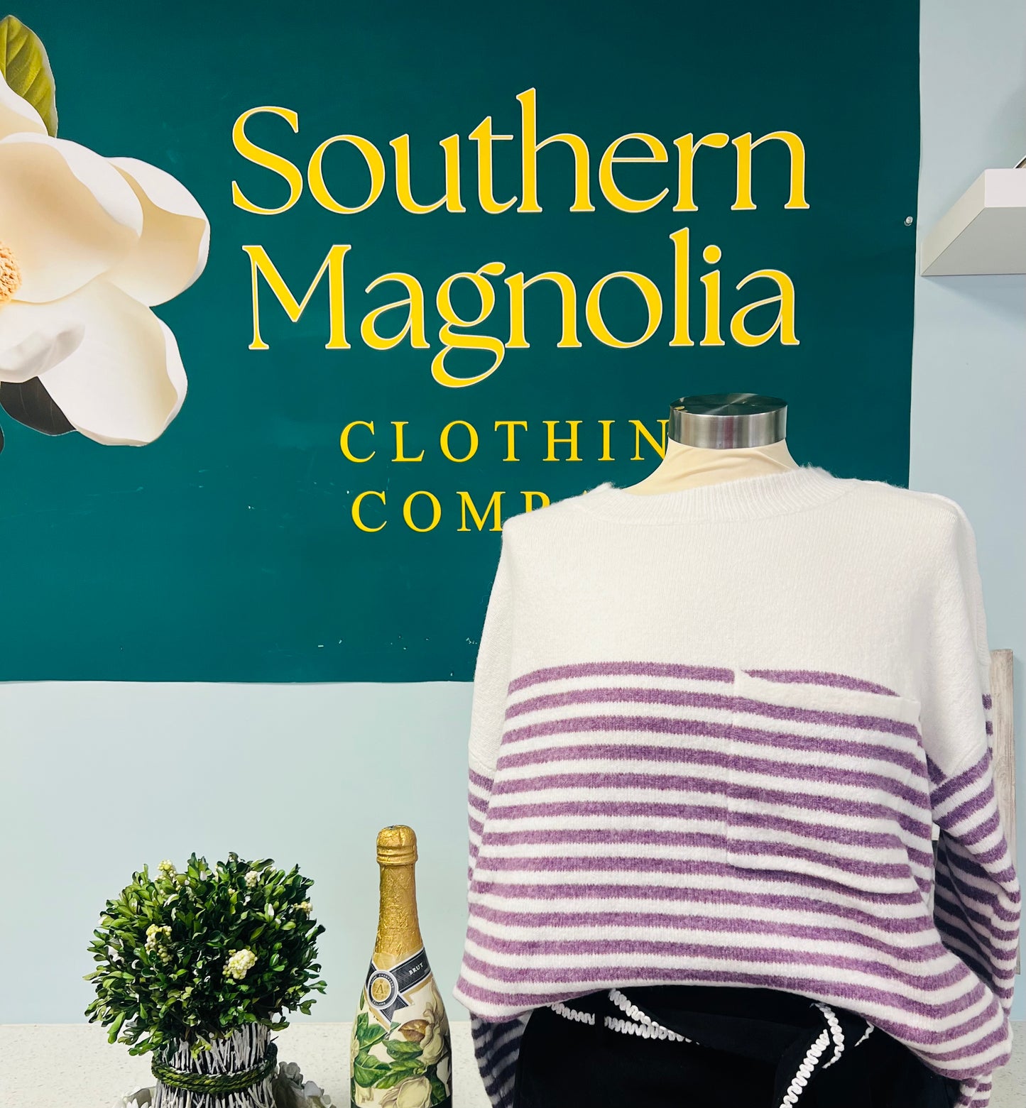 Purple Chest Pocket, Crew Neck, Long Sleeve Sweater