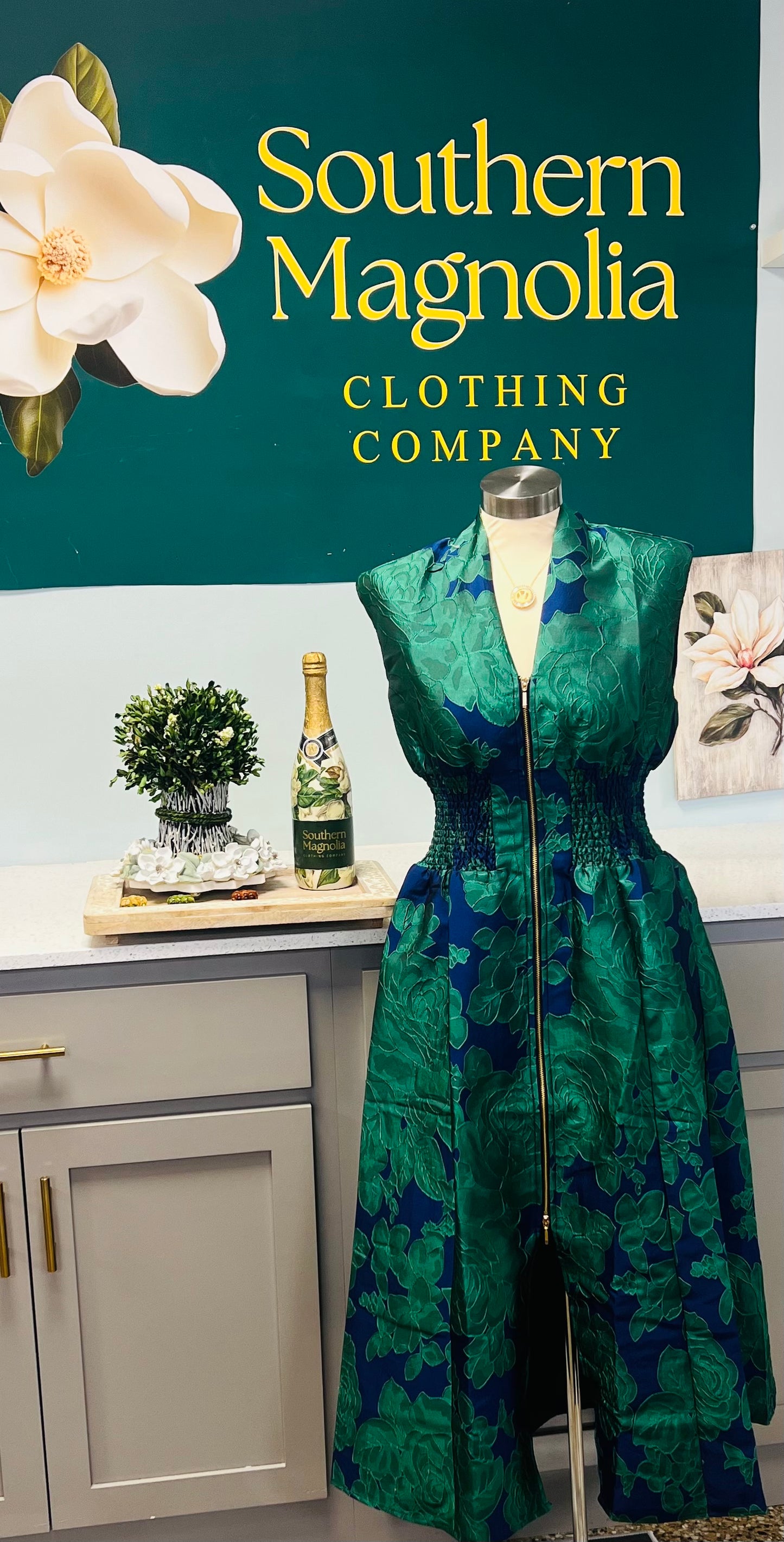 Green-Blue Bold Floral Pattern Front Zip Dress