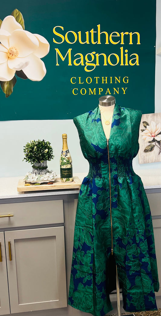 Green-Blue Bold Floral Pattern Front Zip Dress