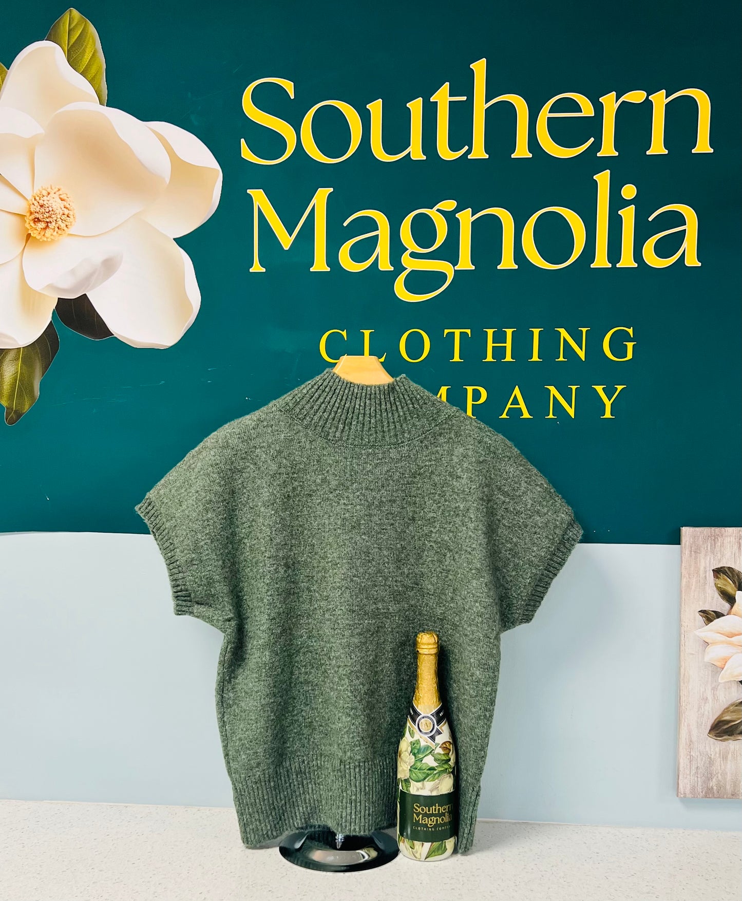 Dark Sage Mock Neck, Extended Short Sleeve Sweater