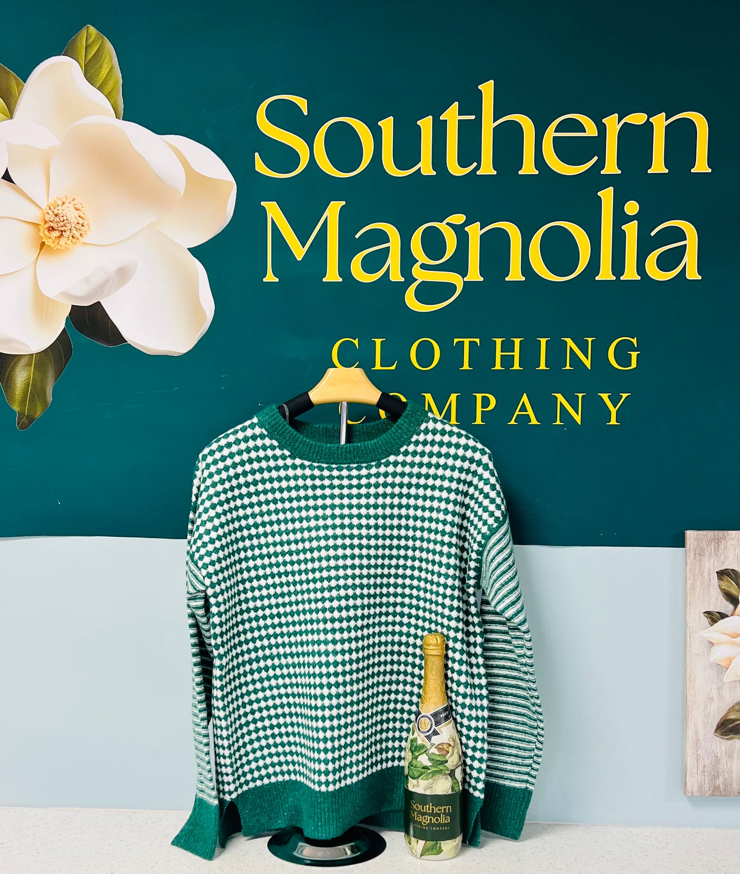 Green Checker Board, Long Striped Sleeve Sweater