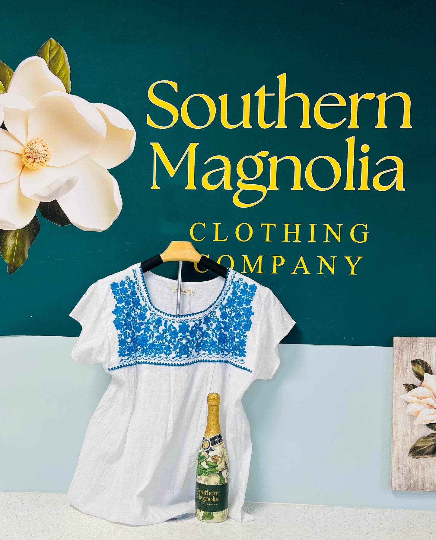 White Blouse with Teal Blue flowers