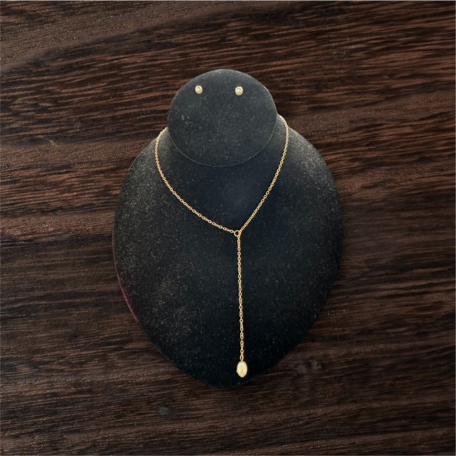 Gold Necklace with Pearl Accent and Earrings