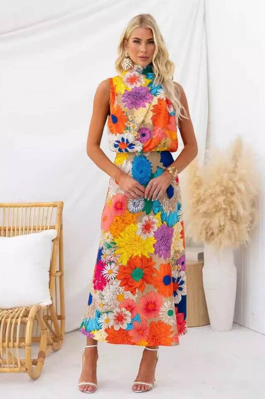 Printed Halter Neck Maxi Dress