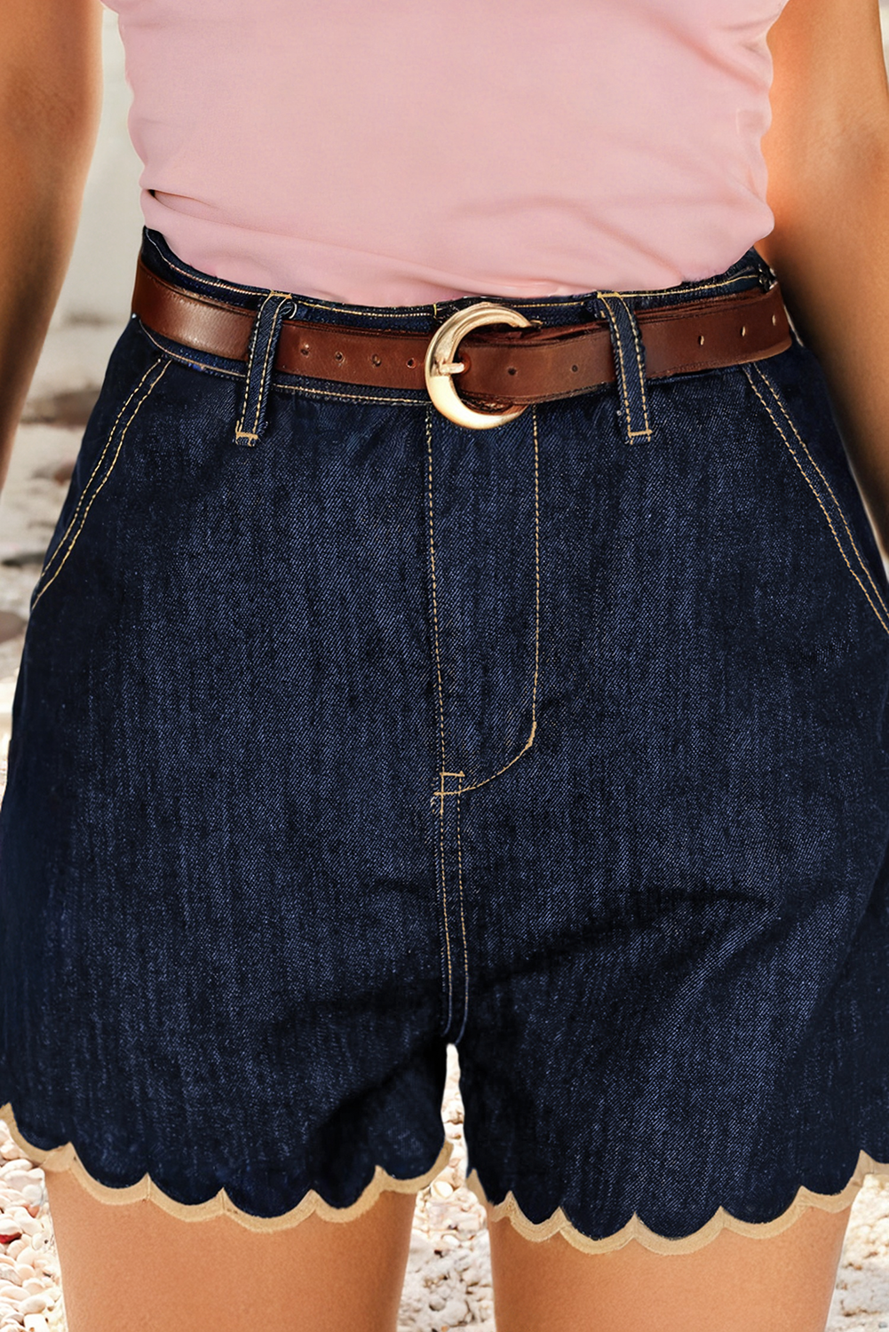 Scalloped Trim Denim Shorts