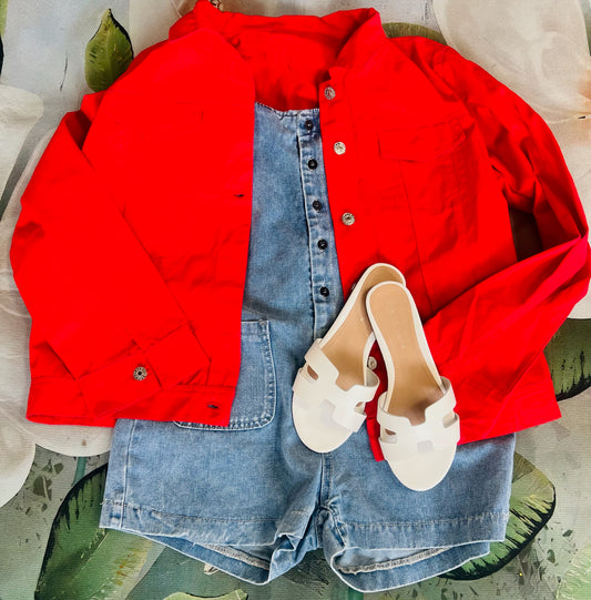 Women's Solid Color Red Denim Jacket