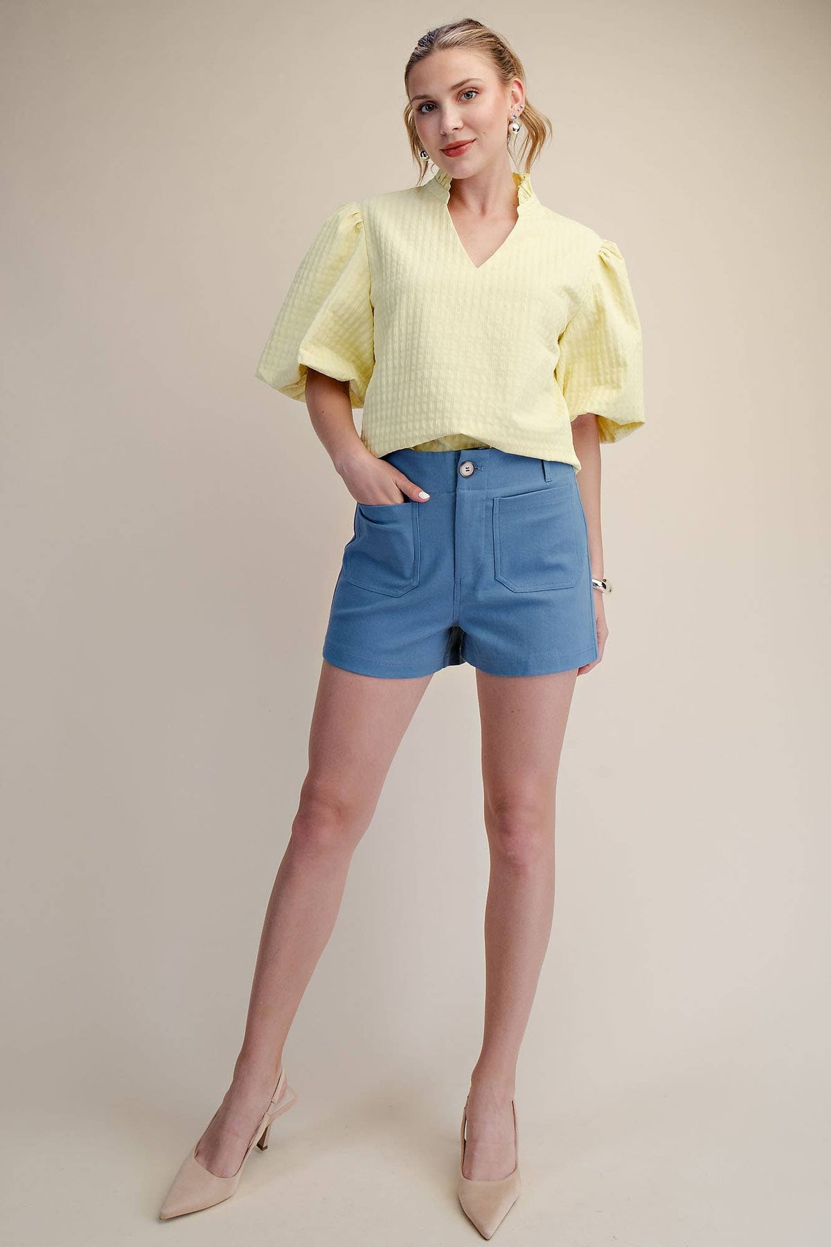 Stretch Shorts High Waist Front Pocket- Red
