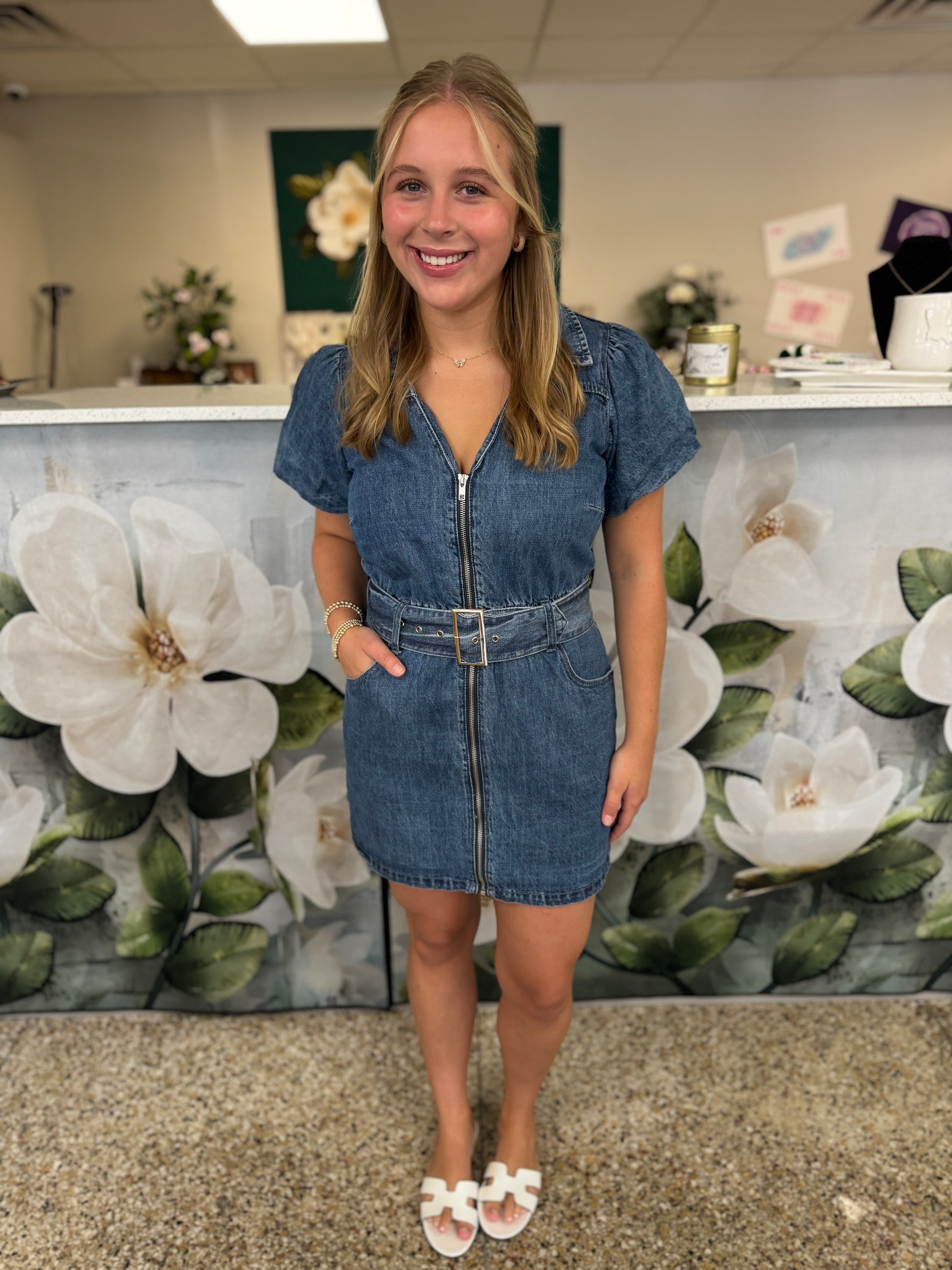 Puff Sleeve Denim Belted Dress Southern Magnolia Clothing Company Puff Sleeve Denim Belted Dress Southern Magnolia Clothing Company