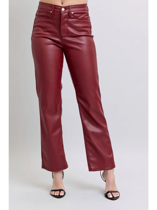 Red Faux Leather Straight Jeans